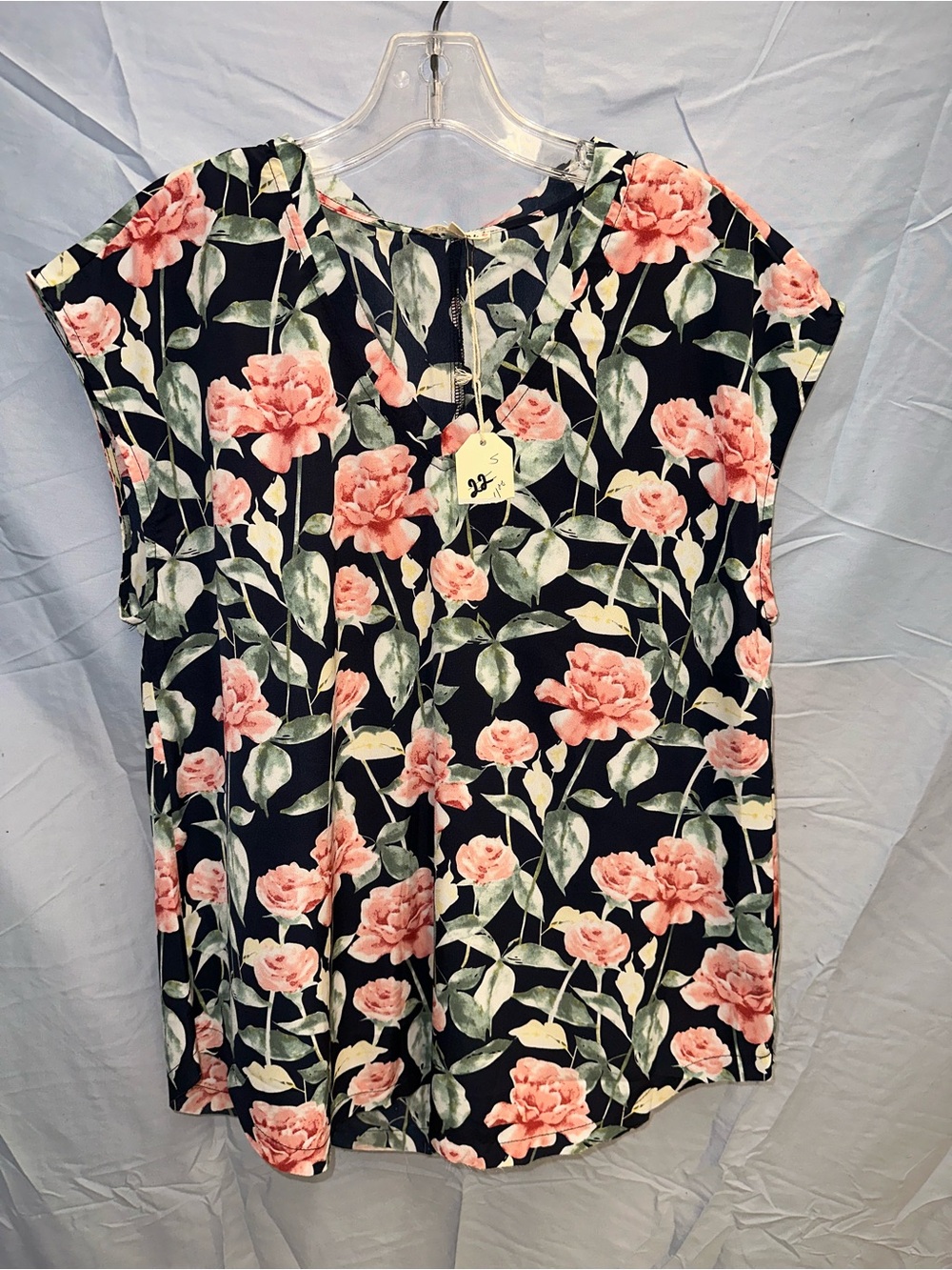 JODIFL Navy Floral Cap Sleeve Blouse with Pink Roses